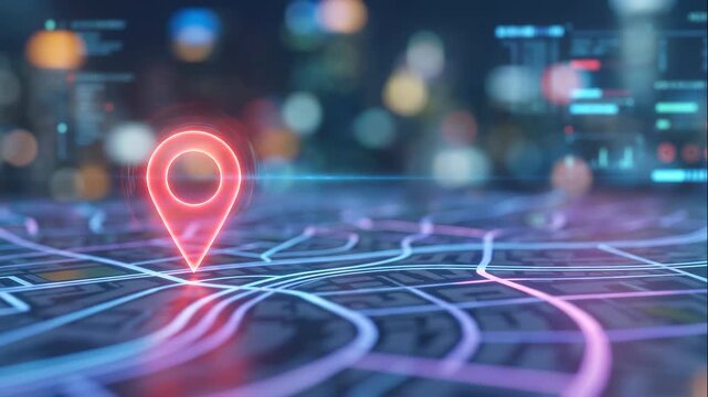 Digital location pin navigation map glowing with neon interface and smart city grid highlighting GPS tracking and real time positioning technology