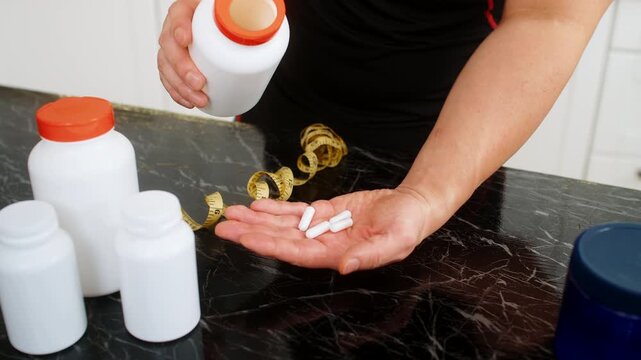Hand view of man spilling supplement capsules from bottle into palm beside tape measure for weight control target. Image about diet support healthy lifestyle pills body shaping routine indoors home.
