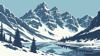 Vintage Style Illustration of a Snowy Mountain Lake with Frosted Pine Trees and Blue Tones © MdRezaurrahman