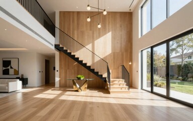 Plakat Modern Home Interior with Open Staircase and Natural Light, Featuring Contemporary Design Elements