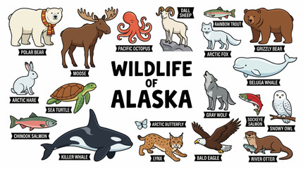 Wildlife of Alaska Vector &ndash; Colorful Cartoon Icons Featuring Bear, Moose, Orca, Salmon, and More for Nature, Education, and Regional Design Projects