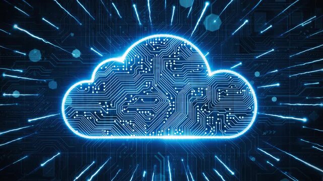 Cloud computing icon digital circuit glowing with energy pulses representing online storage and data processing in a futuristic technology background