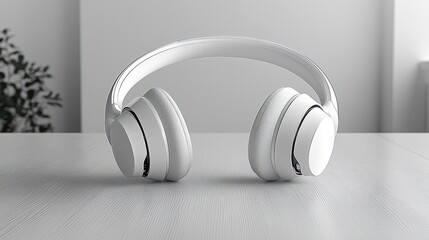 White headphones on table, minimalist room