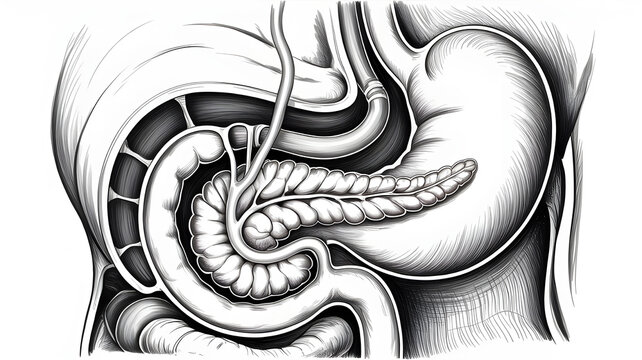 Pancreas anatomy behind stomach, lobulated gland structure, medical diagram