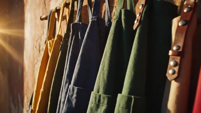 Colorful aprons hanging on rustic wall in warm sunlight