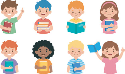 Cute cartoon school children holding books reading studying isolated colorful vector illustration set for education