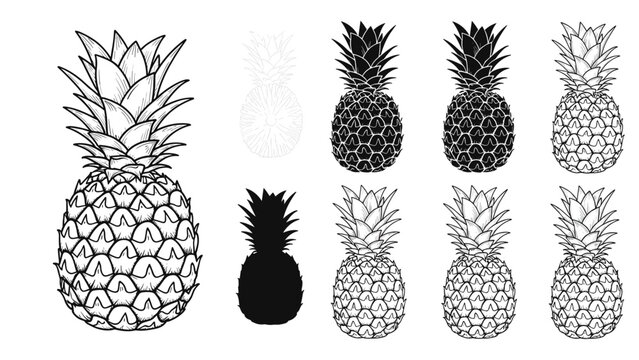 Pineapple fruit illustrated in multiple graphical styles from dot work to solid silhouette for tropical food branding designs.