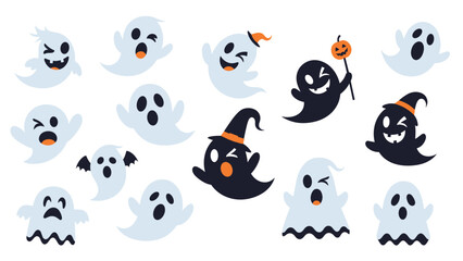 Obraz premium Collection of cute and funny cartoon ghosts with various expressions and accessories for Halloween decorations and design projects.