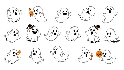 Obraz premium Set of cute hand-drawn black and white ghost doodles with orange accents for Halloween stickers and graphic design elements.