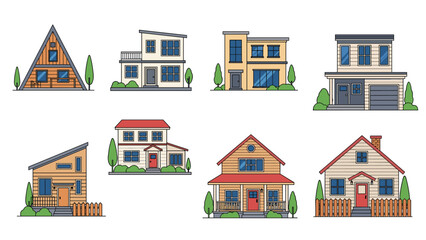 Fototapeta premium Set of various modern architectural house designs in a flat line art style with trees and fences in warm neutral tones.