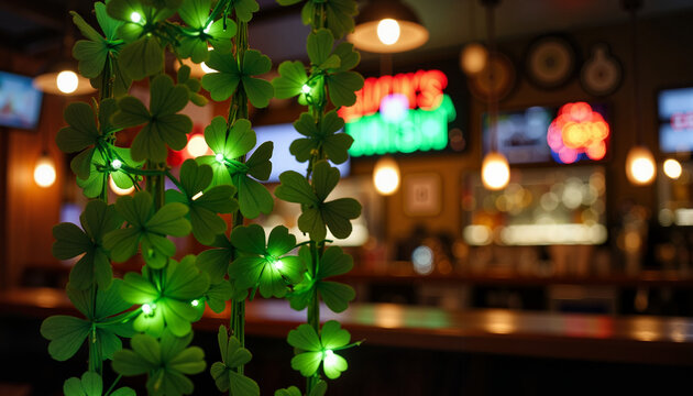 Festive St. Patrick&rsquo;s Day clover garland in lively pub, holiday cheer