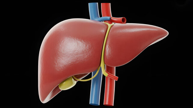 Human liver anatomy, lobes and blood vessels visible, realistic medical render, high detail