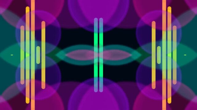 Dynamic symmetrical graphic of a black rectangle with teal-purple oval, vibrant vertical lines and kaleidoscopic background viewed centrally