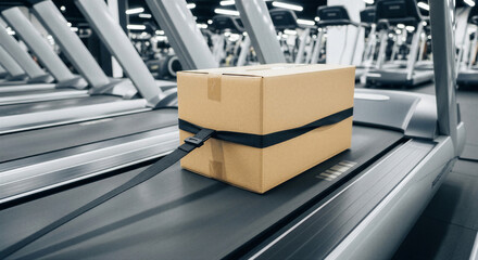 Cardboard box secured with black strap moving on treadmill in modern fitness center gym environment