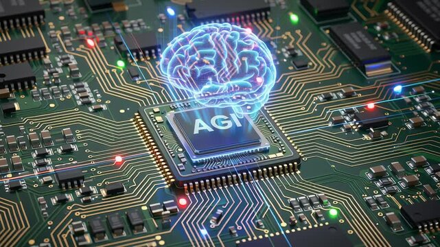 Artificial general intelligence AGI concept with glowing brain hologram on machine chip symbolizing automation driving business transformation machine learning innovation