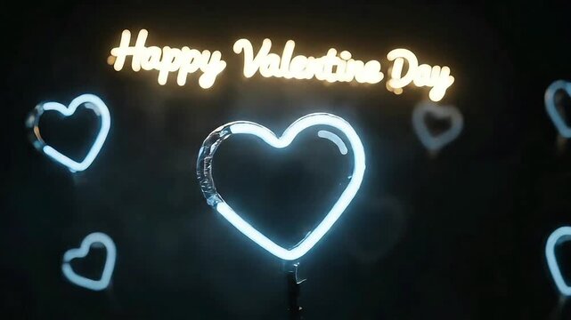 Happy Valentine Day neon sign with glowing heart illustration on a dark background