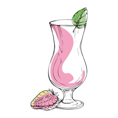 Vector Strawberry Daiquiri cocktail, berry milkshake in hurricane glass with mint leaf garnish. Creamy pink swirl, outline hand drawn in ink. For bar branding, dessert menus, summer festival flyers. © Elena