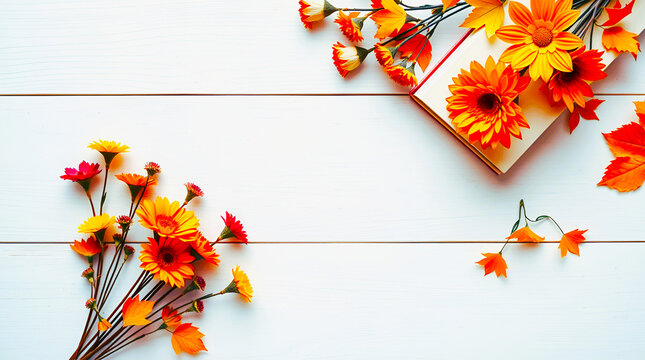 Cheerful Autumn Flat Lay with Orange Daisies and Fallen Leaves on a White Wooden Surface