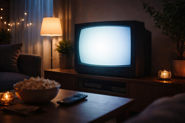 Cozy living room at night with an old CRT television, popcorn, and warm lighting, creating a nostalgic home entertainment scene.