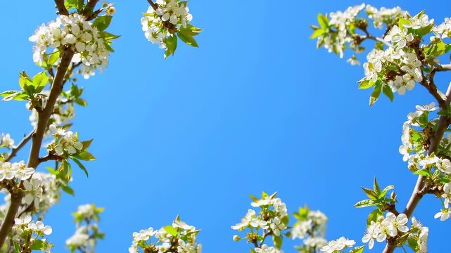 Flowering branch spring blossom white flower blue sky cherry tree copy space nature background fresh season floral frame blooming garden peaceful serene spring blossom branch clear blue sky delicate