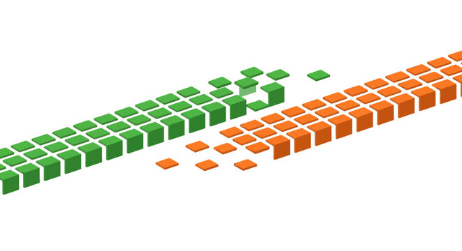 Abstract Flow of Green and Orange 3D Blocks Showing Data Degradation, Decline, or Comparison Analysis on White Background