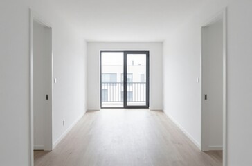 Fototapeta premium Bright and Minimalist Interior: Empty Room with Natural Light and Wooden Floor, Modern Architecture