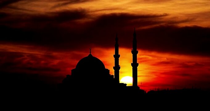 silhouette of a mosque with domes and minarets against a vibrant sunset. generated with AI