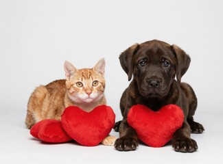 Obraz premium Adorable Cat and Dog Puppy Posing with Red Hearts, Celebrating Friendship and Valentine's Day