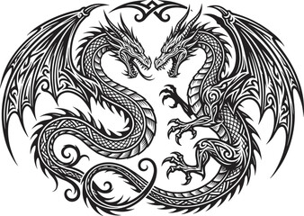 Fototapeta premium Tribal dragon illustration featuring detailed fantasy creature with wings black and white tattoo style design