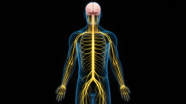 Complete human nervous system anatomy, brain spinal cord and peripheral nerves highlighted, full body transparent view, detailed medical diagram, high resolution
