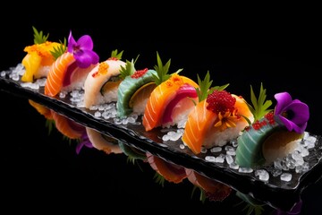 Vibrant gourmet sushi artfully arranged on a unique serving platter with ice and garnished with flowers