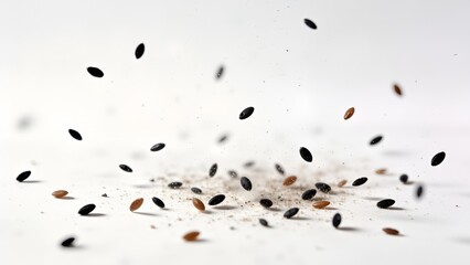 Seeds in motion against white background