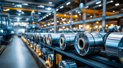 Fototapeta premium Rows of shiny material spools neatly stacked on factory shelves, industrial lighting highlighting metallic sheen, organized production environment, with copy space