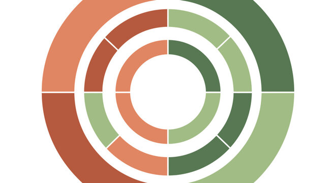 Multi-level radial donut chart data visualization. Infographic element showing segmented concentric circles for business analysis.