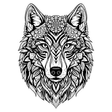 Ornate black and white wolf head illustration with intricate mandala and floral patterns, detailed zentangle style artwork.
