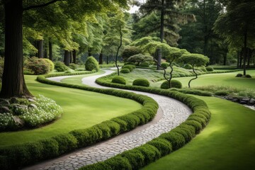 Fototapeta premium Stone path curving through lush green lawn and carefully sculpted hedges in a tranquil garden
