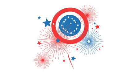 Vector illustration of red, white, and blue fireworks exploding around a circular American flag design on transparent background