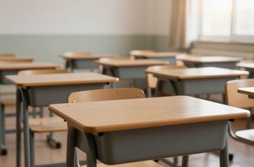 Classroom Interior Featuring Empty Student Desks and Chairs, Representing Education, Learning, and Back to School