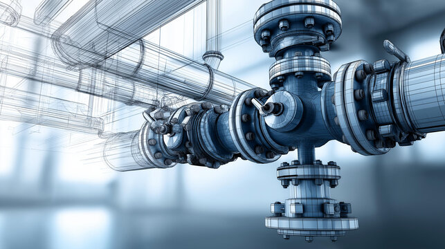 Detailed line art illustration of complex industrial piping and valve system, showcasing intricate engineering for fluid control and distribution within manufacturing or