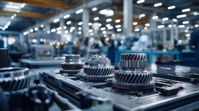 Industrial setting with multiple faceless workers assembling products, close-up foreground of gears wrenches and partially completed components, factory lights reflecting, with