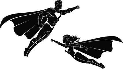 Superhero, couple, silhouette, flying, through, air, with, flowing, capes, male, and, female, heroes, isolated, on, white, background, vector, illustration, icons, © Abdur