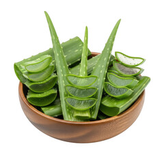 Sliced aloe vera in a wooden bowl on transparent background
