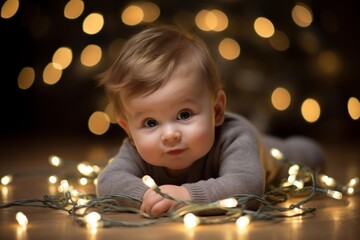 Baby boy lying on floor surrounded by glowing christmas lights, showing innocence and wonder