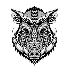 Fototapeta premium Intricate black and white zentangle style wild boar head illustration with detailed tribal patterns and decorative motifs.