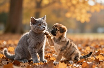 Obraz premium Adorable Kitten and Puppy Together in Autumn Leaves, Expressing Friendship and Playfulness in a Serene Outdoor Setting