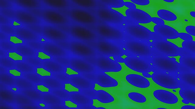 Blue circles and green hexagons interlock in a textured geometric pattern