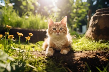 Obraz premium Kitten lying in sunlit garden with green grass and small yellow flowers