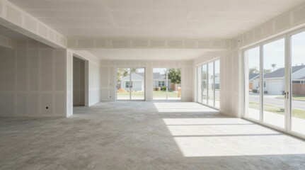 Obraz premium Unfinished Interior Space with Large Windows and Concrete Flooring in a Modern Home Renovation