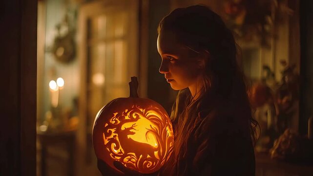 A child joyfully holds a carved pumpkin lantern, its flickering candlelight illuminating their face as they wander through a festive autumn night.