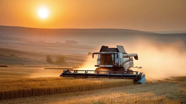 A combine harvester operates in a vast wheat field on a sunny day. The machinery efficiently gathers and processes the grain.